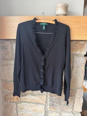 NWT Lauren Ralph Lauren Black Ruffle-Trim V-Neck Cardigan cashmere/Wool size L